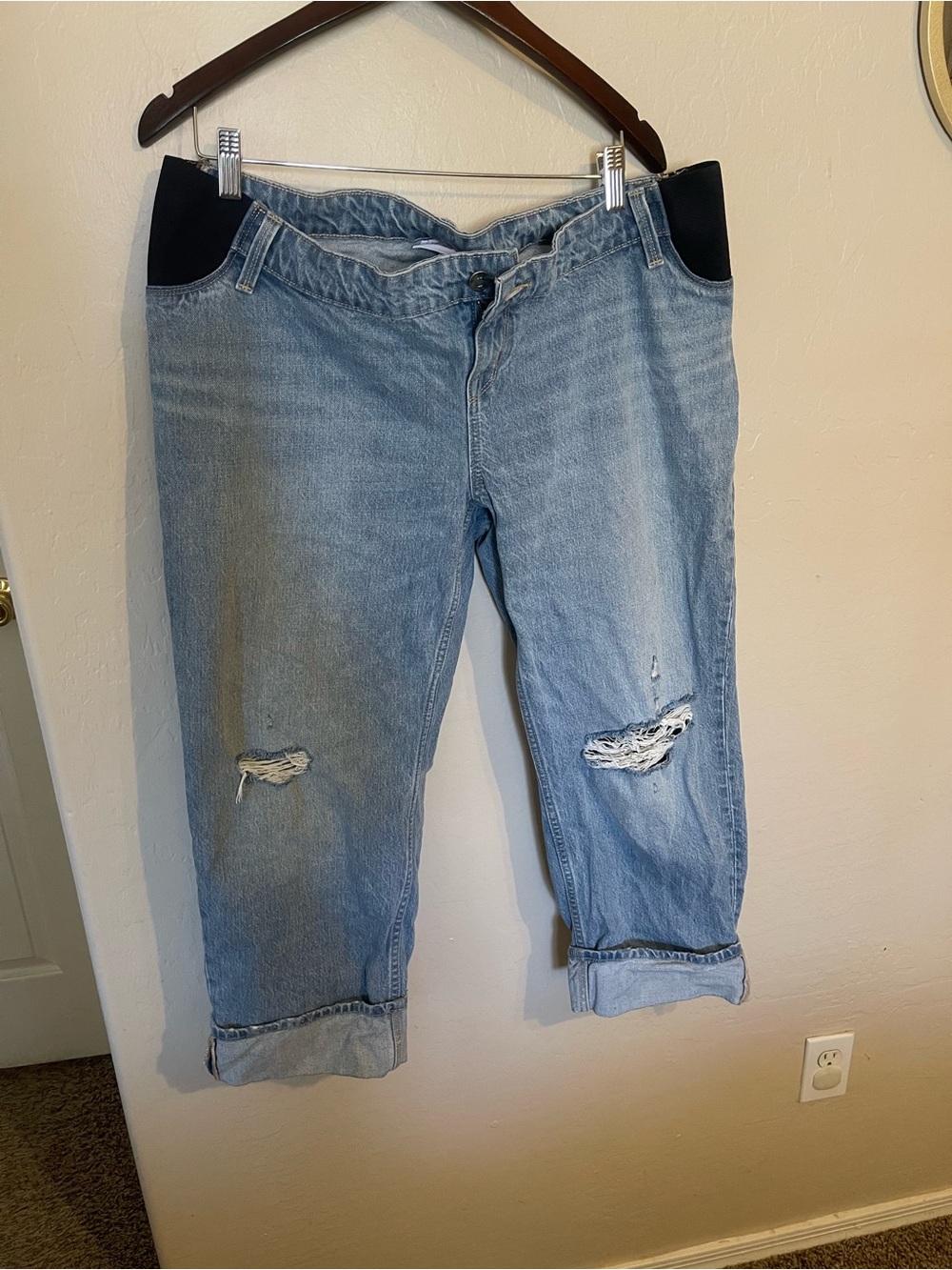 Light Wash Distressed maternity boyfriend cut jeans